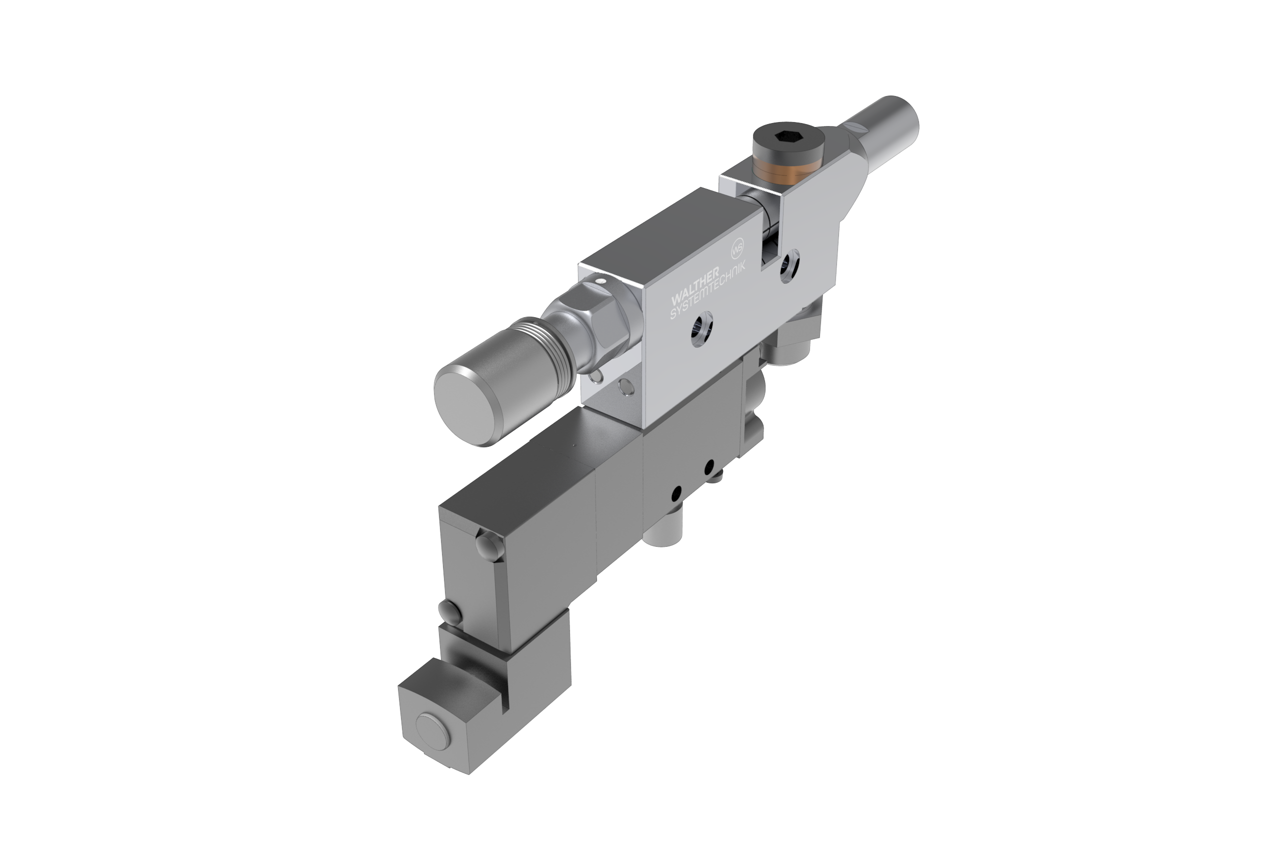 Dosierventil VMS-02 für industrielle Extrusionsprozesse in der perspektivischen Ansicht von hinten, zeigt den Gesamtaufbau